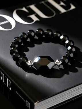 Handmade! Fancy Black Faceted Glam Bracelet • Goth Evening Festive Bling
